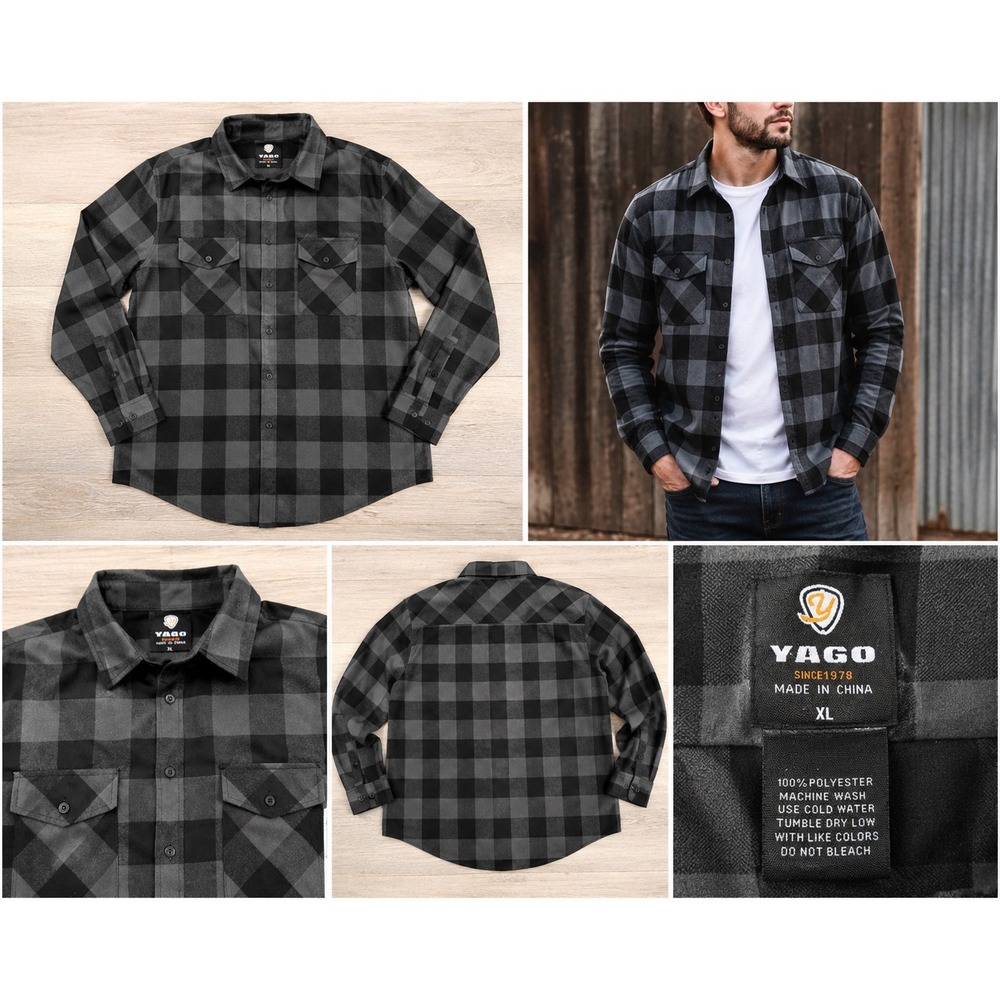 YAGO Mens XL Flannel Shirt Black Gray Buffalo Plaid Button Up Workwear Grunge